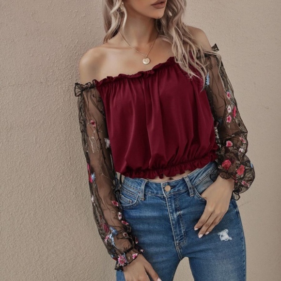 Boho Black Floral embroidered off shoulder Top - Picture 8 of 8